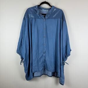 kaktus Top Women's 2X Plus Blue Chambray Dolman Sleeve Button Front Blouse Boho